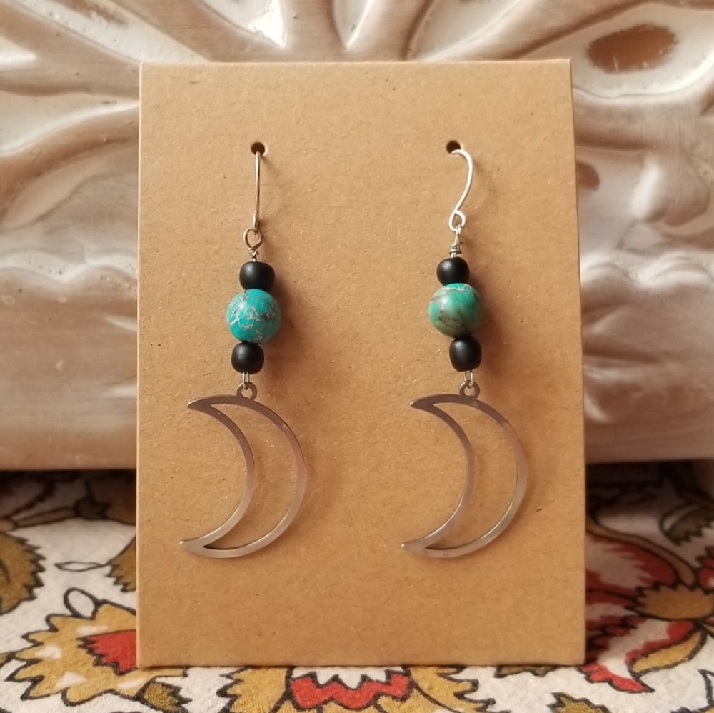 Handmade Boho Crescent Moon and Stone Earrings - Stainless Steel - New